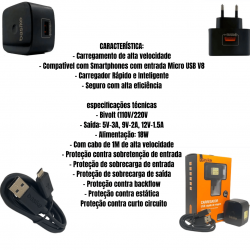 kit 10 Carregadores completos v8 turbo ultra rápido quick charge 3.0