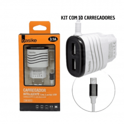 Kit 10 Carregadores inteligente com 2 portas USB V8 3.1A