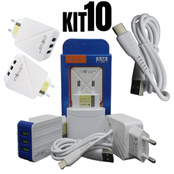Kit 10 carregadores rápido 3 entradas usb 5.1a tipo-c