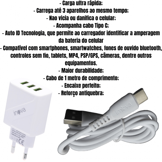 Kit 10 carregadores rápido 3 entradas usb 5.1a tipo-c