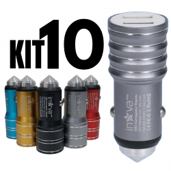 Kit 10 Carregadores turbo adaptador veicular de isqueiro de carro c/ 2 saídas USB inova