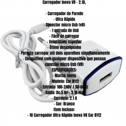 Kit 10 carregadores v8 2.1a inova carregador de saquinho