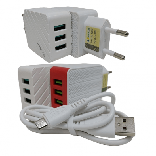 kit 10 Carregadores V8 Android Celular 3 Entradas USB Fonte Tomada 5.1A Turbo Rápida