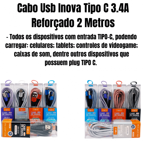 Kit 10 cabos 2m carregador reforçado carga rápido para Tipo C inova tubo