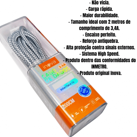 Kit 10 cabos 2M carregador reforçado carga rápido para iphone inova tubo