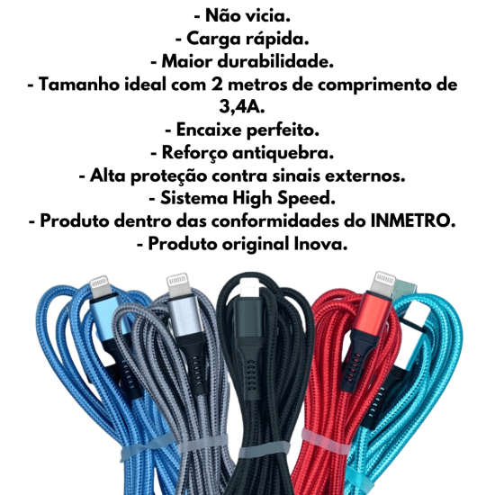 KIT 10 Cabos Carregador Reforçado carga Rápido para Iphone inova Tubo