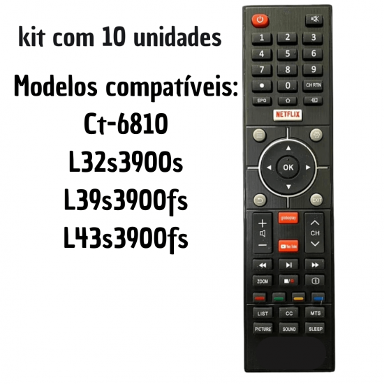 kit 10 Controles Remoto Tv Led Semp Ct-6810 / L32s3900s / L39s3900fs