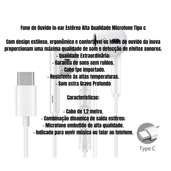 kit 10 Fones de ouvido tipo c usb-c som alta qualidade c/ microfone original