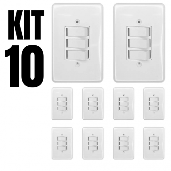 Kit 10 Interruptor Simples 3 Teclas 10A Bivolt 127v e 250v Com Placa Espelho Branco