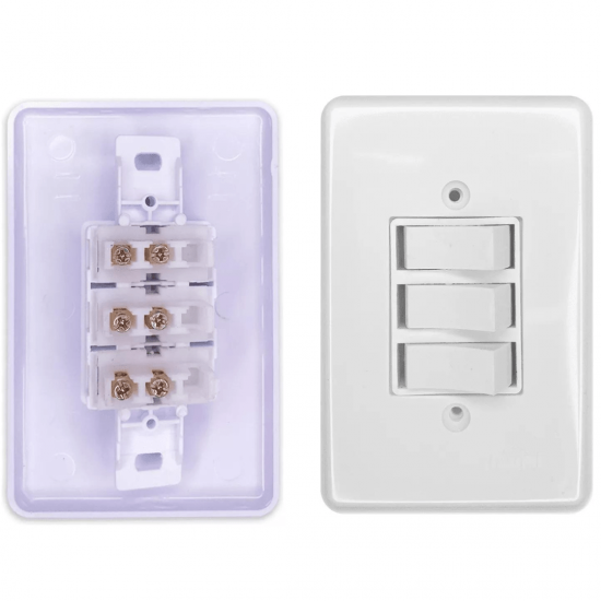 Kit 10 Interruptor Simples 3 Teclas 10A Bivolt 127v e 250v Com Placa Espelho Branco
