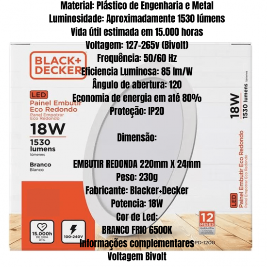 Kit 10 painel led plafon luminaria 18w Redondo Embutir 6500k branco frio black + decker