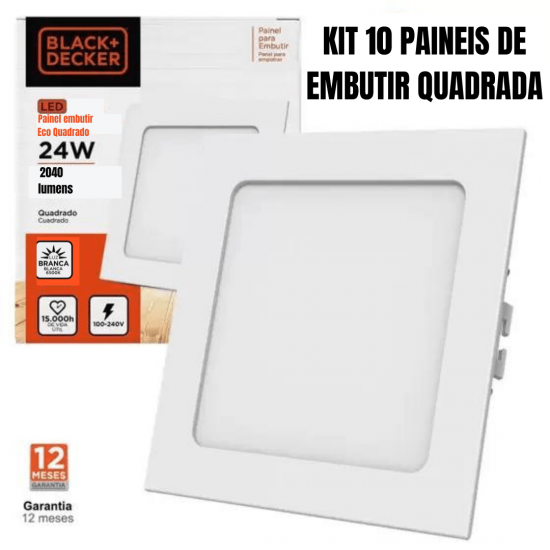 Kit 10 painel led plafon luminaria 24w quadrado Embutir 6500k branco frio black + decker