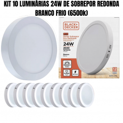 Kit 10 painel led plafon luminaria 24w Redondo sobrepor 6500k branco frio black + decker
