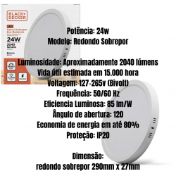 Kit 10 painel led plafon luminaria 24w Redondo sobrepor 6500k branco frio black + decker