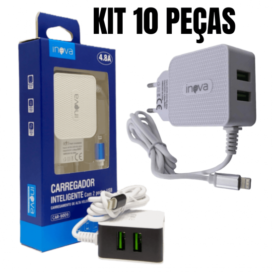 KIT 10 PECAS CARREGADOR CELULAR 4.8A LIGHTNING(IPHONE)