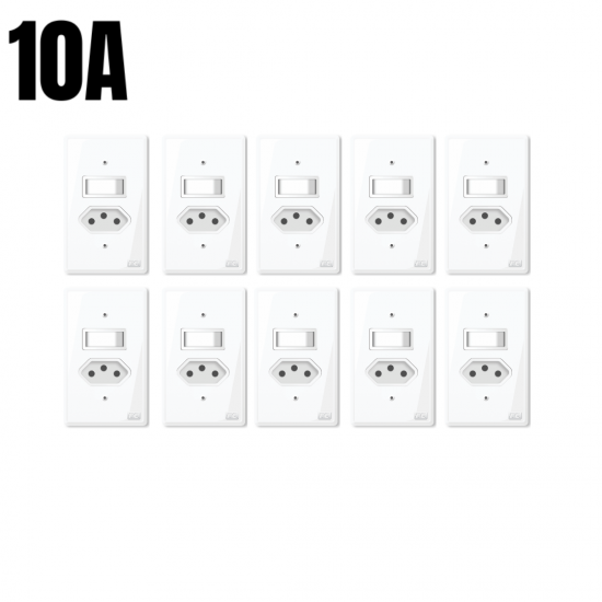 Kit 10 Tomada 10A com Interruptor 10A placa espelho branco