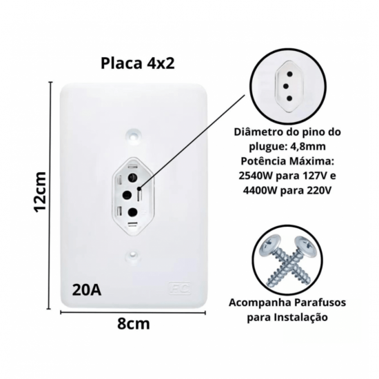 Kit 10un tomada simples 20a completa 4x2 110v-220v
