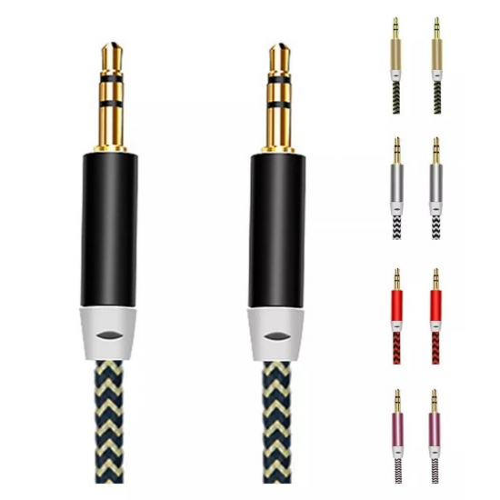 kit 2 Cabos Auxiliar Áudio P2 X P2 Nylon 1 Metro Som Celular Carro Ponta Dourada