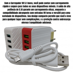 Kit 2 Carregadores V8 Android Celular 3 Entradas USB Fonte Tomada 5.1A Turbo Rápida