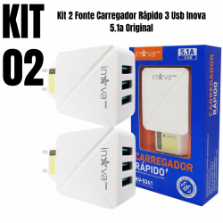 Kit 2 Carregadores Celular 3 Entradas USB Fonte Tomada 5.1A Turbo Rápida