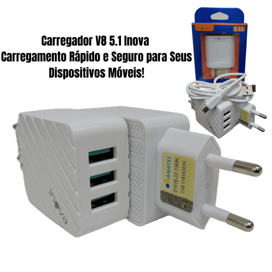 Kit 2 Carregadores V8 Android Celular 3 Entradas USB Fonte Tomada 5.1A Turbo Rápida