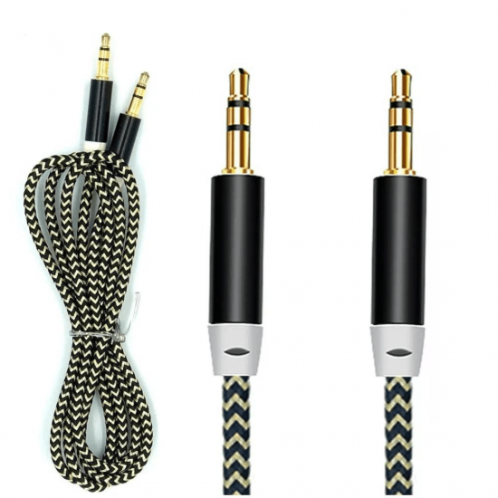 kit 2 Cabos Auxiliar Áudio P2 X P2 Nylon 1 Metro Som Celular Carro Ponta Dourada