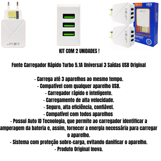 Kit 2 Carregadores Celular 3 Entradas USB Fonte Tomada 5.1A Turbo Rápida