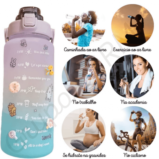 kit 3 Garrafa 2000ml de Água com Adesivos 2D Motivacional em inglês Squeeze Capacidade