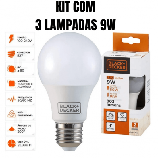 KIT 3 LAMPADAS LED BULBO 9W 6500K