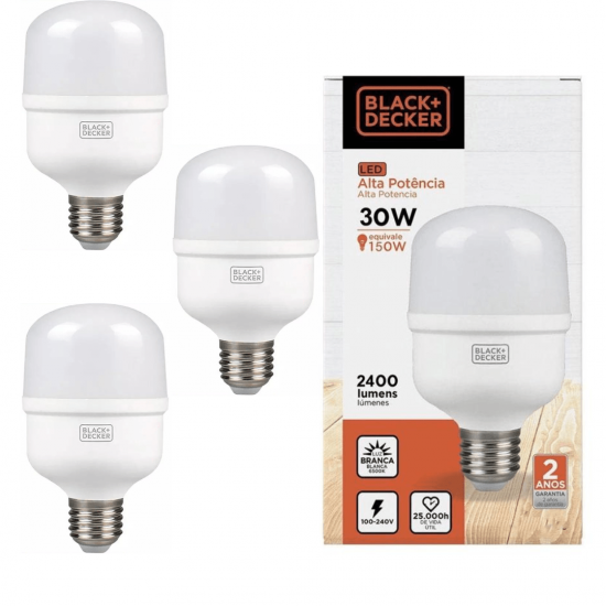 Kit 3 lâmpadas led super bulbo alta potência 30w black + decker