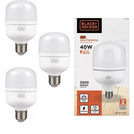 Kit 3 lâmpadas led super bulbo alta potência 40w black + decker