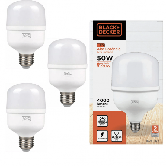 Kit 3 lâmpadas led super bulbo alta potência 50w black + decker