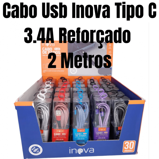Kit 30 cabos 2m carregador reforçado carga rápido para Tipo C inova tubo