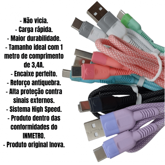 KIT 30 Cabos Carregador Reforçado carga Rápido para Tipo C inova Tubo