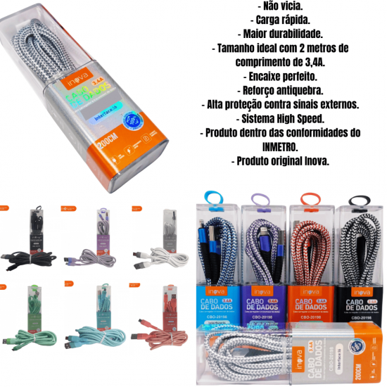 Kit 30 cabos 2M carregador reforçado carga rápido para iphone inova tubo