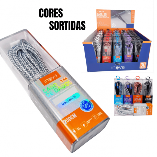 Kit 30 cabos 2M carregador reforçado carga rápido para iphone inova tubo