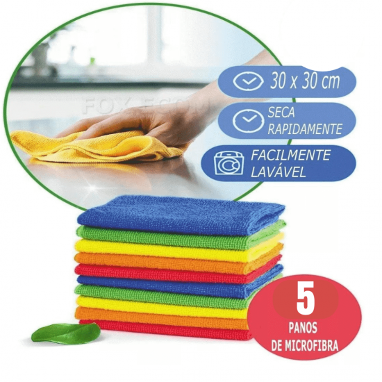 Kit 5 Panos Microfibra P/ Limpeza Multiuso Limpa Vidro Pia Pano Flanela Automotivo Flanela