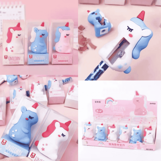 Kit com 24 Apontador Fofo e Divertido Formato Criativo / unicornio  / bichinho sorridente