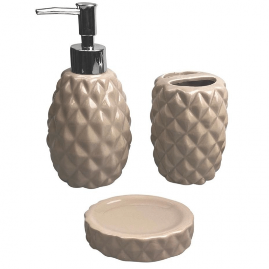 Kit Com 3 Peças Para Banheiro Em Cerâmica Dosador Porta Sabonete Líquido
