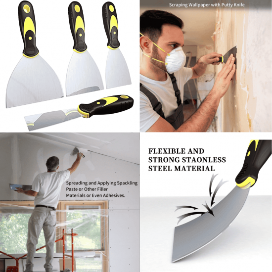 Kit Espátulas De Aço 4 Unidades Cabo Emborrachado