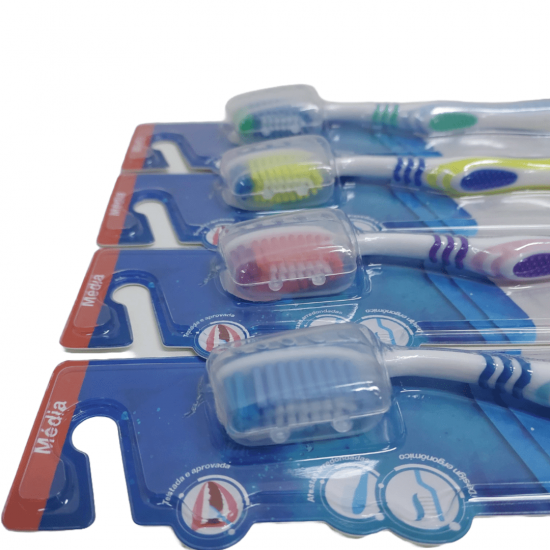 Kit Pacote Com 12 Escovas De Dente dental Media Adulto Com Capa Protetora