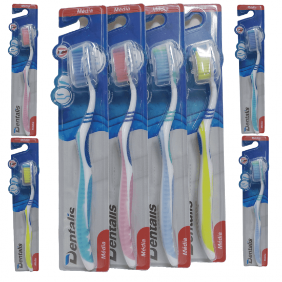 Kit Pacote Com 12 Escovas De Dente dental Media Adulto Com Capa Protetora
