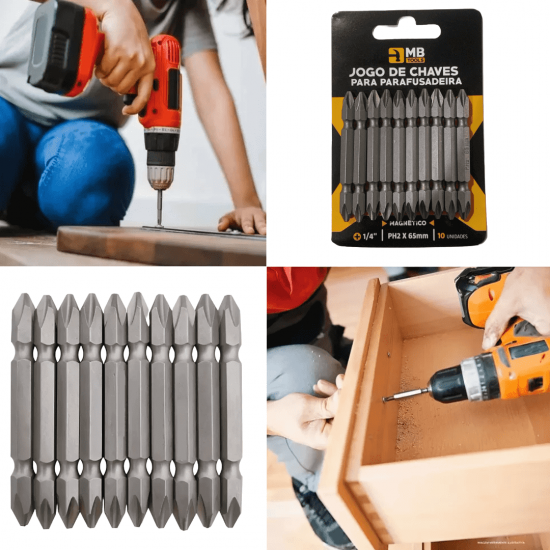 Kit Ponteira Bits 10 Peças Ponteira Dupla Magnetica Parafusadeira 65mm Ph2 Philips