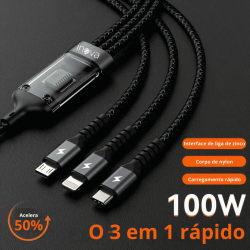 Cabo De Dados 3 Em 1 Nylon 100W Cabo De Carregamento Ultrarrápido Para V8 Micro USB Tipo C 1.2m