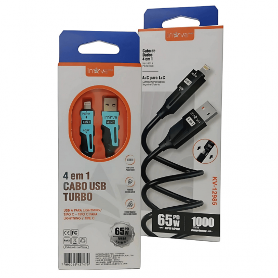 KV-12985 - Cabo Usb 4 Em1 65w Rápido Para iPhone Tipo C Cabo Carregador