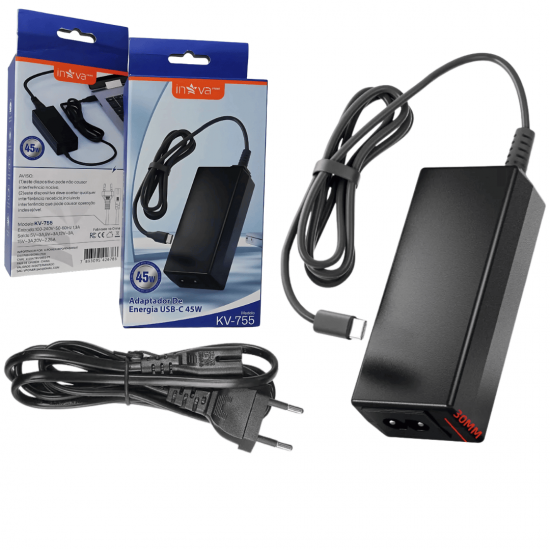KV-755 - ADAPTADOR TIPO AC/DC, 45W, 10V / 2.25A, MARCA INAVA PRIME, ACONDICIONADO EM CAIXAS CONTENDO 50 PECAS POR CAIXAS