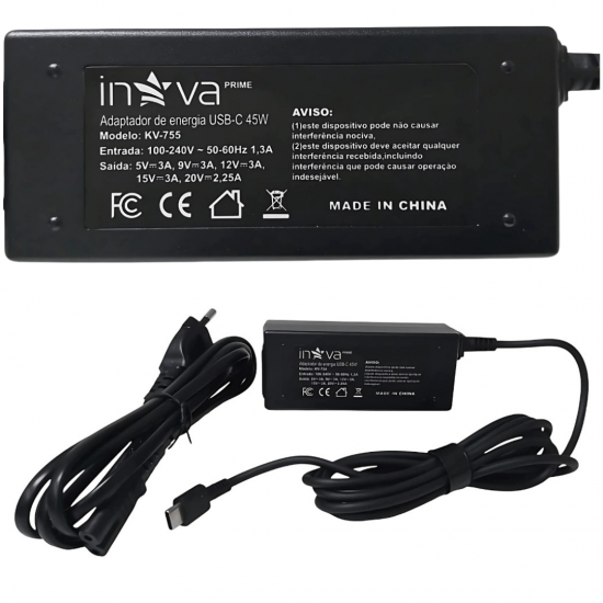 KV-755 - ADAPTADOR TIPO AC/DC, 45W, 10V / 2.25A, MARCA INAVA PRIME, ACONDICIONADO EM CAIXAS CONTENDO 50 PECAS POR CAIXAS