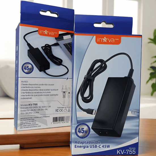 KV-755 - ADAPTADOR TIPO AC/DC, 45W, 10V / 2.25A, MARCA INAVA PRIME, ACONDICIONADO EM CAIXAS CONTENDO 50 PECAS POR CAIXAS