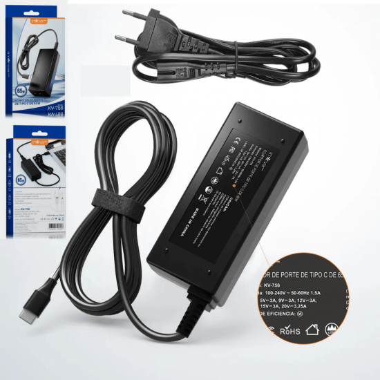 KV-756 - ADAPTADOR TIPO AC/DC, 65W, 20V / 3.25A, MARCA INAVA PRIME, ACONDICIONADO EM CAIXAS CONTENDO 50 PECAS POR CAIXAS