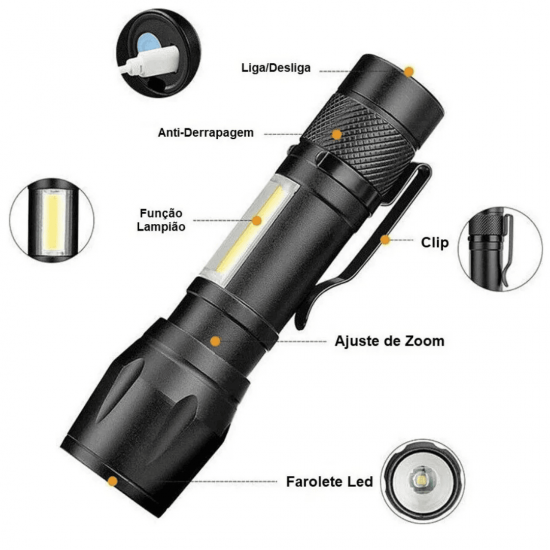 Mini Lanterna Tática Com Led E Zoom Recarregável USB